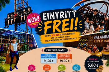 Werbeplakat mit Bildern von Fahrattraktionen und Infos zu den Preisen