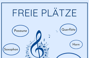Hellblauer Flyer: Notenschlüssel in der Mitte, ringsherum Nennung der Musikinstrumente, für die Unterrichtsangebote frei sind