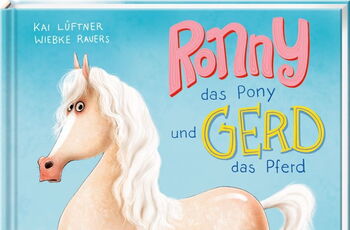 Buchcover: Zeichnung eines eleganten weißen Pferdes und eines kleinen braunen Ponys