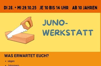 Aushang in orange und Bild einer Säge mit Informationen zum Angebot