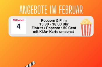 Plakat mit gezeichnter Filmlklappe und Popcorn-Eimer