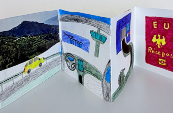 Leporello: Collage aus gezeichneten Elementen und Zeitschriften