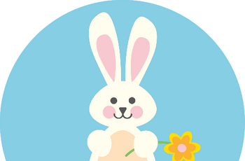 Zeichnung eines weißen Osterhasen mit bunten Ostereiern vor hellblauem Hintergrund