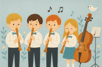 Zeichnung von vier Flöte spielenden Kindern