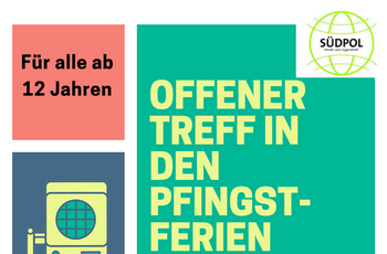 Aushang mit Infos zum Offenen Treff mit Bildern einer Spielekonsole, einer Musikbox, eines Kochtopfs etc.