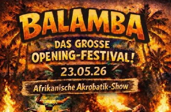 Werbeplakat: Zeichnung verschiedener Attraktionen, DJ, Feuerspucker