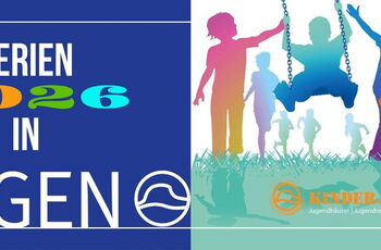 Logo des Feriensommerprogramms der Stadt Singen: bunte Umrisse von schaukelnden, rennenden und springenden Kindern