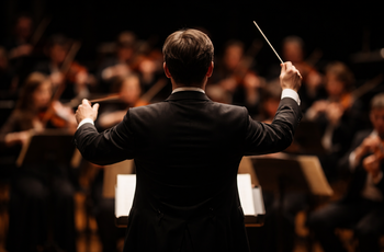 Foto eines Dirigenten (steht mit dem Rücken zum Betrachter) vor einem Orchester (nur unscharf zu sehen)