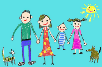 Bunte Kinderzeichnung: Familie mit Hund und Katze