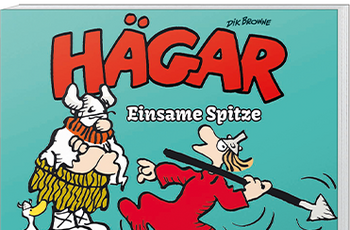 Comiczeichnung einer Figur mit Wikinger-Helm und einer Figur mit Speer