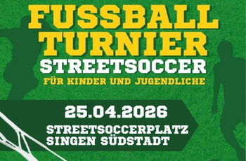 Plakat mit Infos zum Fußballturnier: Fußball geht ins Netz auf grünem Hintergrund, Schatten von Fußball-Spielern