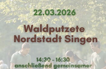 Infoplakat mit Foto von Jugendlichen mit Müllsäcken auf einer Wiese mit Bäumen