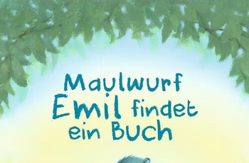 Buchcover: Zeichnung eines Maulwurfs, der auf einem Maulwurfhügel steht und sich ein Buch anschaut