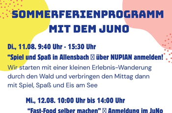 Aushang mit Infos zu den Angeboten des JuNo in den Sommerferien