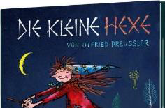 Buchcover: Zeichnung einer Hexe, die auf ihrem Besen über Hausdächer durch die Nacht fliegt - begleitet von einem Raben