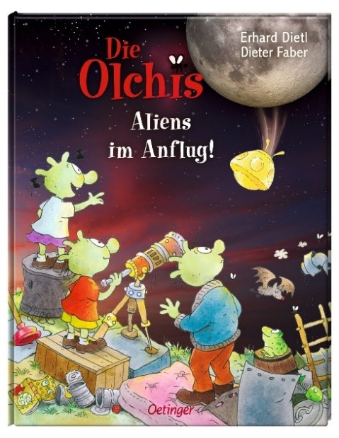 Buchcover mit einer Familie Außerirdischer, die ein UFO beobachten