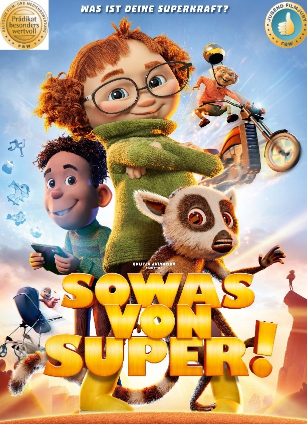 Filmplakat mit einem Junge, einem Mädchen, einem Lemuren und einem mit Motorrad durch die Luft fliegenden Mann