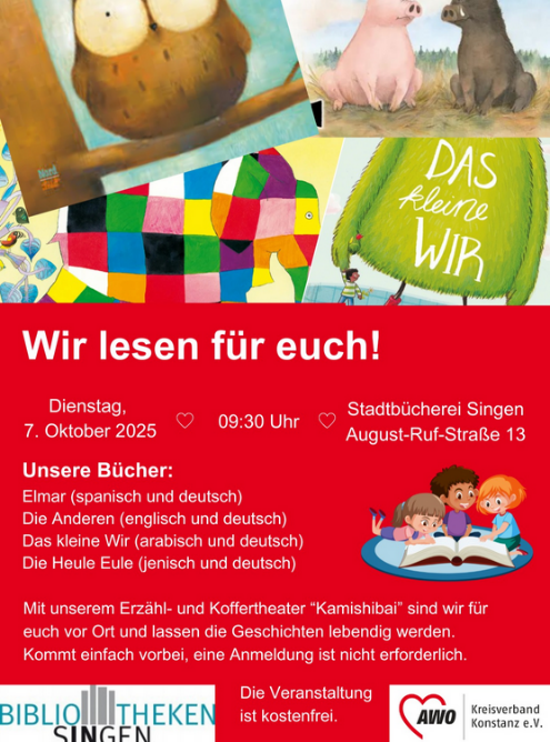 Aushang in rot mit Bild von auf einem Teppich sitzenden Kindern mit großem Buch. Oben Mix aus verschiedenen Buchcovern