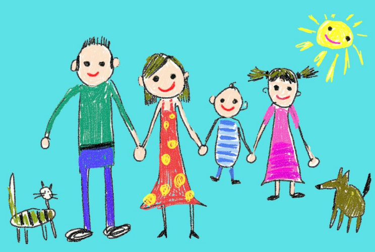 Bunte Kinderzeichnung: Familie mit Hund und Katze