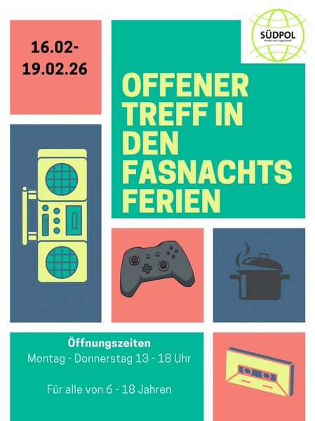 Plakat mit Zeichnungen einer Musikbox, eines Controllers, eines Kochtopf und einer Musikkassette sowie Informationen zum Offenen Treff