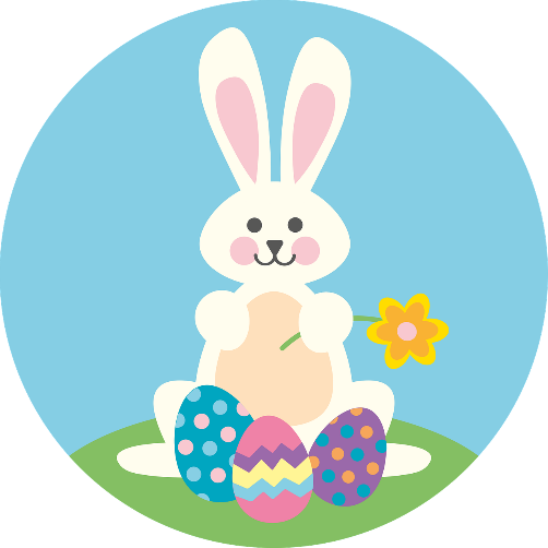 Zeichnung eines weißen Osterhasen mit bunten Ostereiern vor hellblauem Hintergrund