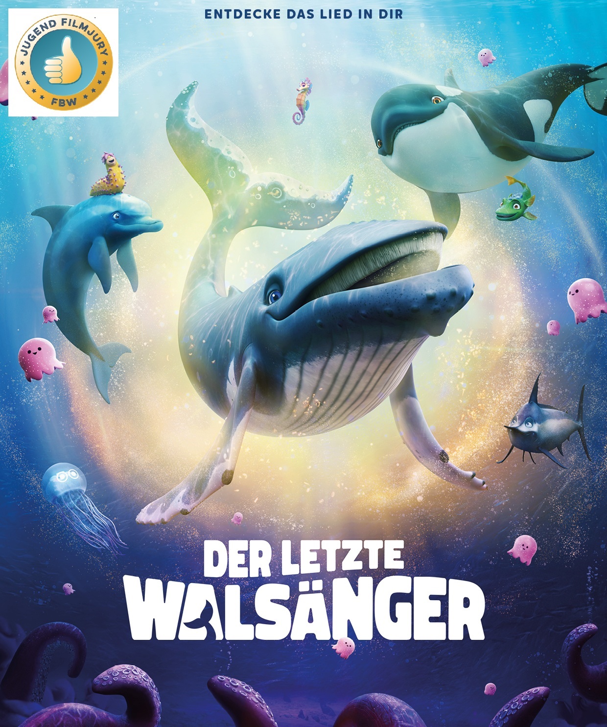 Filmplakat mit einem Wal und verschiedenen anderen Meerestieren