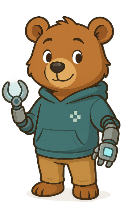 Zeichnung eines Bären mit Roboter-Armen in grünem Hoodie und brauner Hose