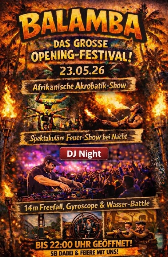 Werbeplakat: Zeichnung verschiedener Attraktionen, DJ, Feuerspucker